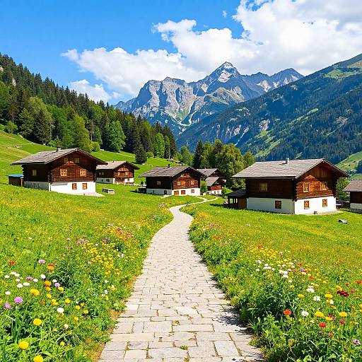 Photograph of a picturesque Alpine village with colorful wildflowers, stone pathway, wooden chalets, and majestic mountain range under a bright blue sky.