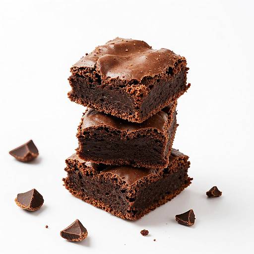 Photograph of three stacked, square, dark chocolate brownies with glossy tops and rough edges, scattered with small chocolate pieces on a white background.