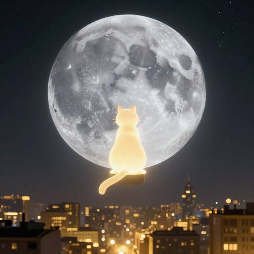 Digital artwork of a glowing, silhouetted cat sitting against a large, bright full moon, with a cityscape of lit buildings below.