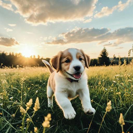 Happy Puppy Running in Meadow at Sunset Happy Puppy Running in Meadow at Sunset