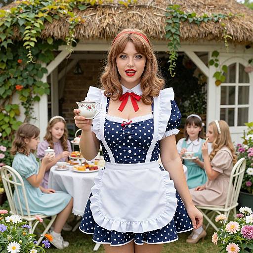 Photograph of a retro-style maid with red lipstick, blue polka-dot dress, white apron, serving tea to four women in vintage dresses,