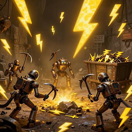 Digital artwork: Four robotic warriors with glowing yellow eyes and curved blades battle in a dark alley, surrounded by intense electric bolts, with a burning trash can