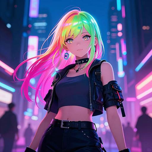Confident Anime Trans Girl in Cyberpunk City