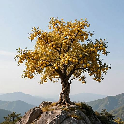Photograph of a lone, vibrant lemon tree with yellow fruit, standing on a rocky mountain peak against a clear blue sky.