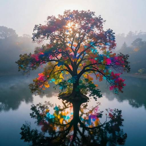 Photograph of a colorful, sunlit tree reflected in a misty lake, with vibrant red, yellow, blue, and purple leaves contrasting against the