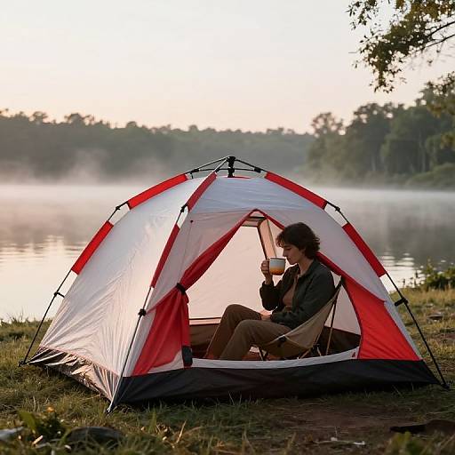 Photograph of a person with curly hair, wearing a dark jacket, sitting inside a red-and-white camping tent by a misty lake at dawn.