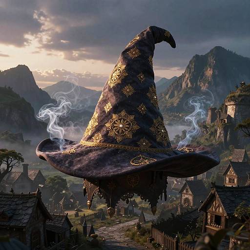 Giant Ornate Wizard Hat Over Village