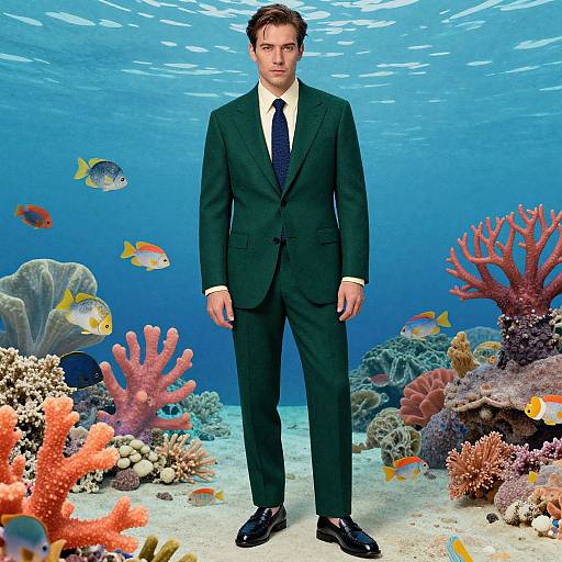 Photograph of a serious, handsome man in a dark suit and tie standing underwater among colorful coral reefs and fish.