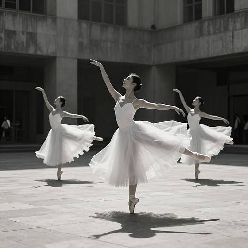 Black-and-white photograph of three ballerinas in white tutus, mid-dance, casting dramatic shadows on a sunlit concrete courtyard.