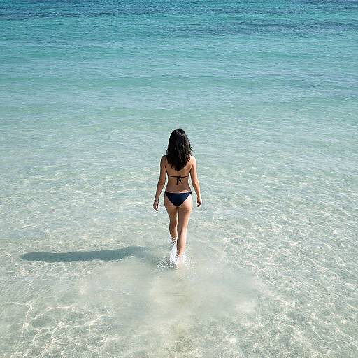 Photograph of a woman with long black hair in a black bikini walking away from the camera in clear, shallow ocean water.