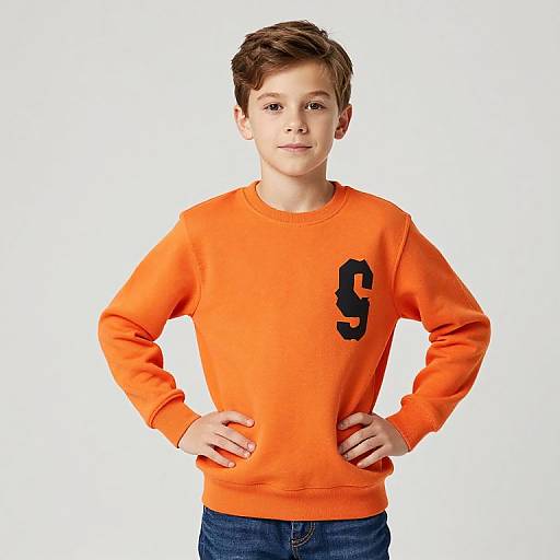Photograph of a young boy with short brown hair, wearing an orange sweatshirt with a large black 
