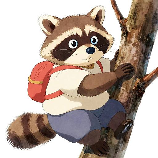 Ghibli-Style Watercolor Chubby Raccoon Climbing Tree