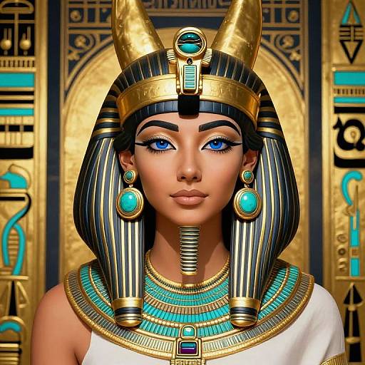Digital art of an Egyptian queen with black and gold striped headdress, turquoise jewels, blue eyes, white dress, ornate background.