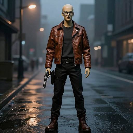 Lifelike Mannequin in Urban Noir Scene