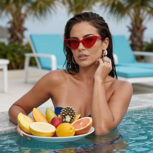 Photograph of a wet brunette woman in red sunglasses, holding a plate of fruit in a pool, with palm trees and blue lounge chairs in the background