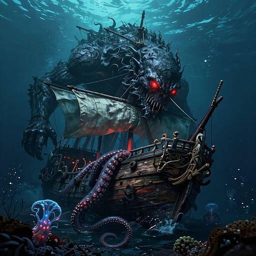 Digital artwork of a giant, glowing-eyed sea monster attacking a wooden ship with sailors, a jellyfish, and ocean creatures below.
