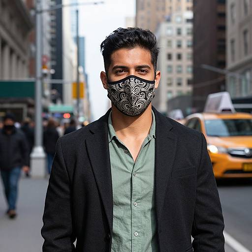 Confident Urban Style with Patterned Mask