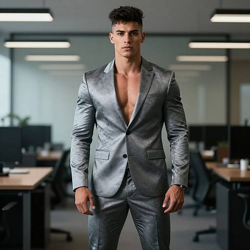 Photograph of a muscular, handsome man with short, dark hair, wearing a silver, unbuttoned suit, standing confidently in a modern office with