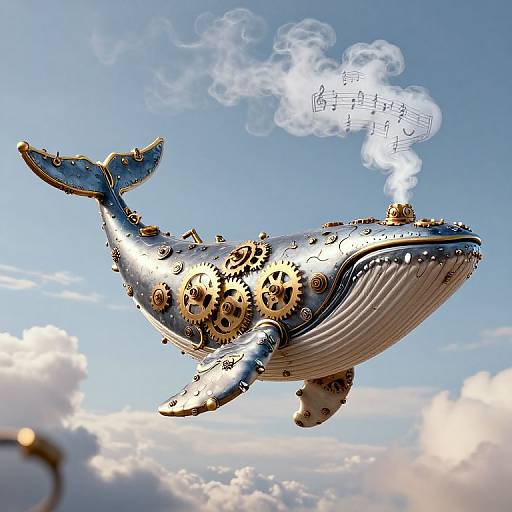 Digital art of a steampunk blue whale with gears, smoke, and musical notes floating in a bright blue sky.