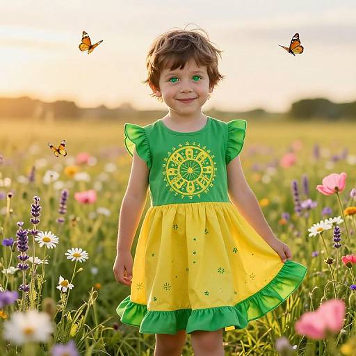 Photograph of a smiling young girl with green eyes, wearing a green and yellow dress, standing in a colorful meadow, surrounded by butterflies and wild
