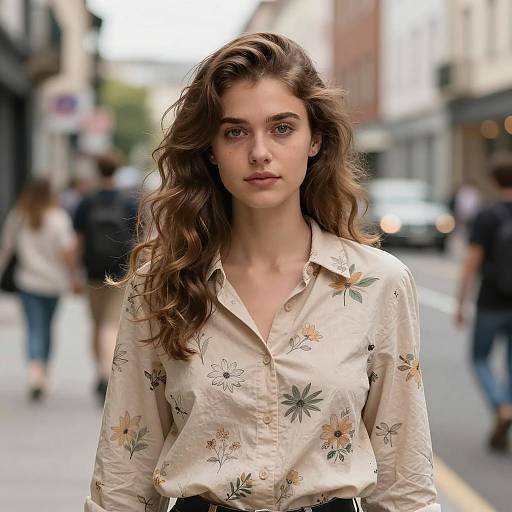 Young Woman in Floral Blouse on City Street