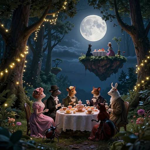 Whimsical digital painting of anthropomorphic foxes and rabbits in Victorian attire, dining under a moonlit forest, surrounded by fairy lights, with a