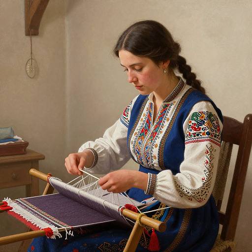 Photograph of a young woman with dark hair in a braid, wearing a detailed traditional blue and white embroidered dress, weaving on a wooden loom