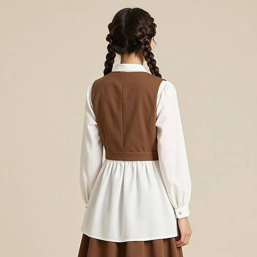 Photograph of a woman from behind, wearing a white long-sleeve blouse with a brown pinafore dress, braided dark hair, against