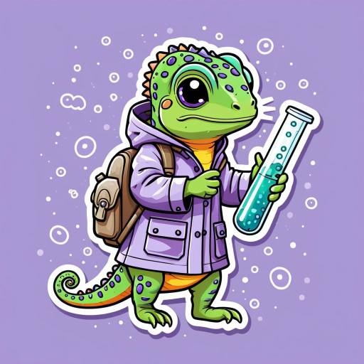 Kawaii Chameleon in Raincoat with Test Tube