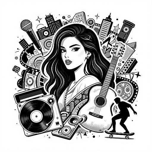 Black-and-white digital illustration of a woman with long hair surrounded by cityscape icons, vinyl records, and musical instruments.