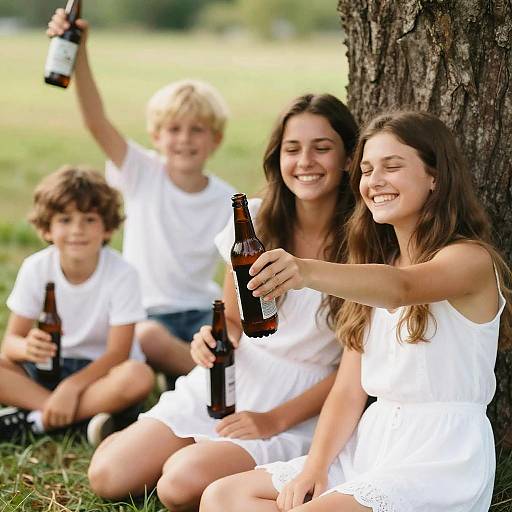 Sunlit Group of Friends in Grass