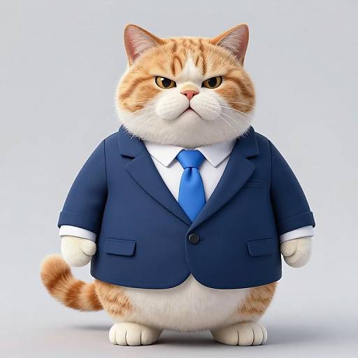 CGI image of an orange and white chubby cat wearing a blue suit and tie, standing with a stern expression.