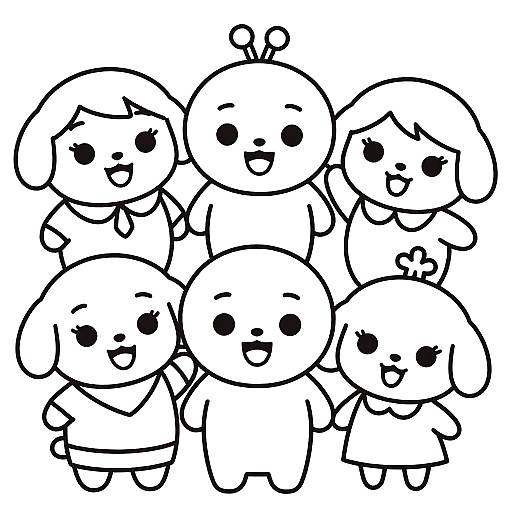 Black and white digital drawing of six cute, round-headed, cartoon dogs with simple, smiling faces, standing closely together.
