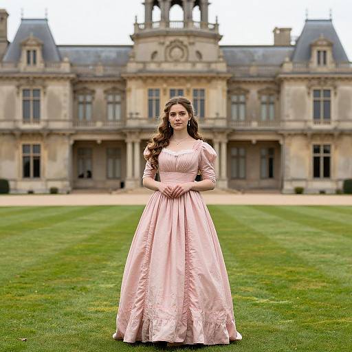 Photograph of a young woman with long brown hair, wearing a pink, full-length, Victorian-style dress, standing in front of a grand, Gothic