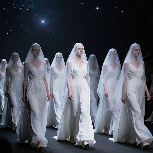 Photograph of a runway show featuring multiple women in white, flowing, veil-adorned dresses, illuminated against a dark, starry background.