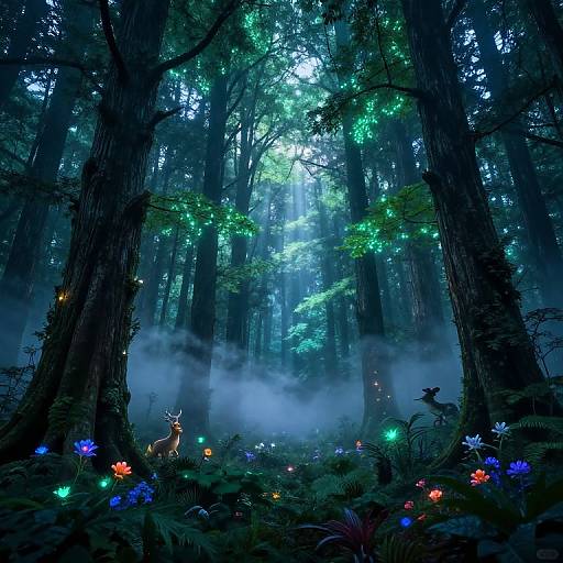 Enchanted forest illustration: A deer stands among glowing multicolored flowers, surrounded by tall trees and mist, with ethereal blue-green light filtering