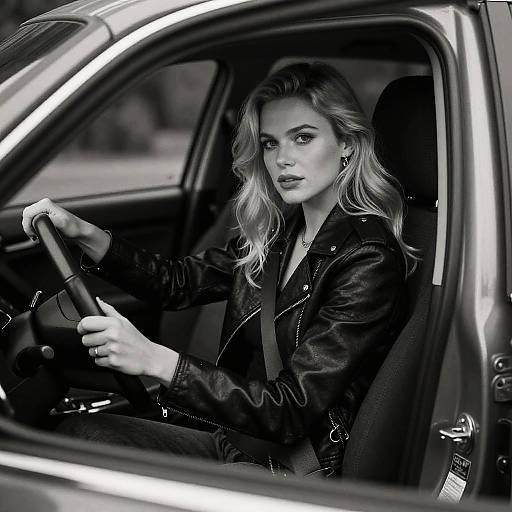 Black-and-white photograph of a blonde woman with wavy hair, wearing a leather jacket, driving a car, looking intense and focused.