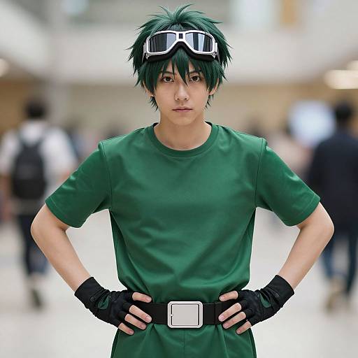 Photograph of an Asian man with green spiky hair, wearing goggles, green shirt, black gloves, and belt, standing confidently in a blurred indoor