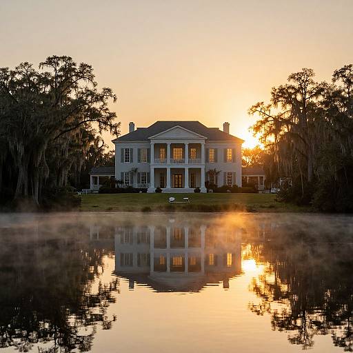 Photograph of a grand, white, two-story mansion at sunset, reflected in a calm, foggy lake, surrounded by trees. Golden sunlight illumin