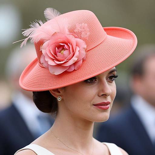 Photograph of a woman with light brown skin, dark hair, wearing a pink feathered and flower-adorned hat, white dress, and elegant