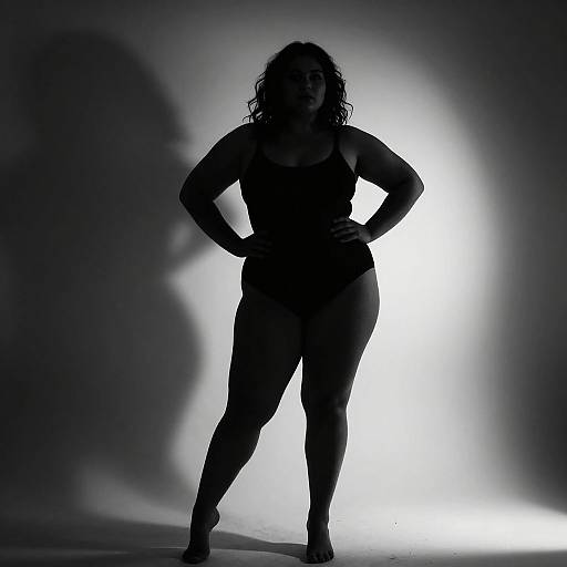 Silhouetted photograph of a curvy woman with curly hair, standing against a bright, backlit background, hands on hips, in black attire