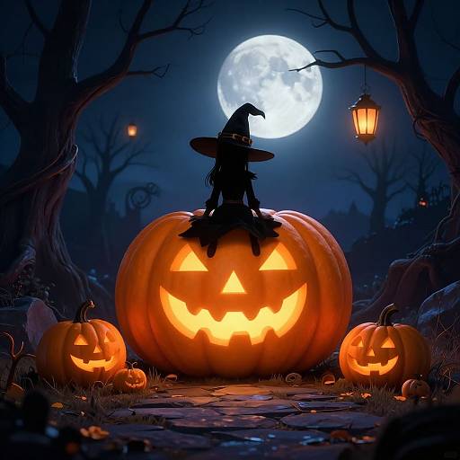 Silhouetted witch on large glowing pumpkin, sitting under full moon, surrounded by carved jack-o'-lanterns, dark forest, lantern hanging