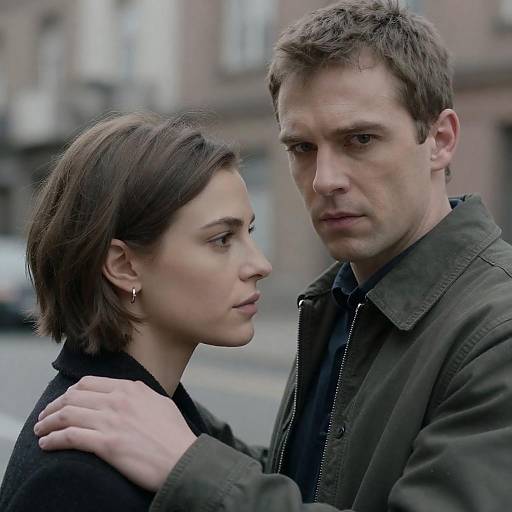 Intimate Close-Up of Two Serious Figures