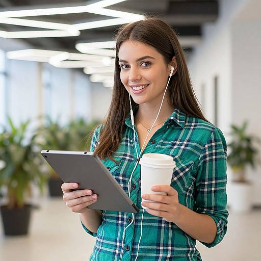 Photograph of a smiling young woman with brown hair, wearing a green plaid shirt, holding a tablet and a coffee cup, with earphones in