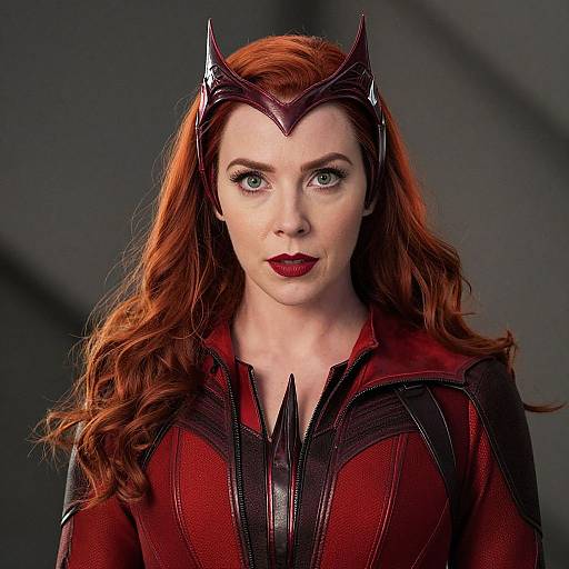 Photograph of a red-haired woman in a red and black Marvel-inspired superhero costume with a headpiece, intense gaze, and dark lipstick.
