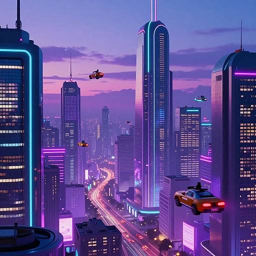 Digital artwork of a vibrant, neon-lit futuristic cityscape at dusk with flying cars, tall skyscrapers, and glowing purple and blue lights along