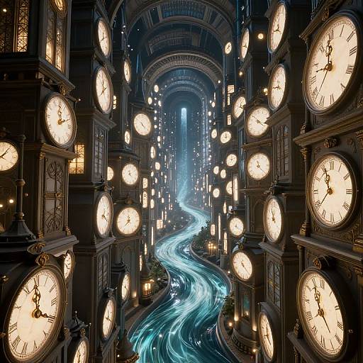 Digital artwork of a dark, ornate clock tower with glowing, illuminated clocks surrounding a winding, neon-blue river of light.