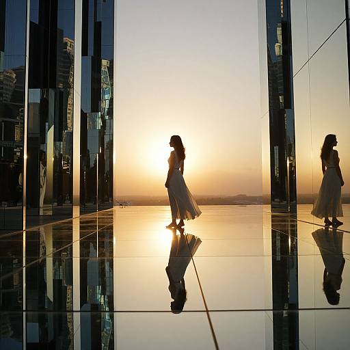 Photograph of a silhouetted woman in a flowing dress walking through a mirrored glass building at sunset, creating multiple reflections and a bright, golden