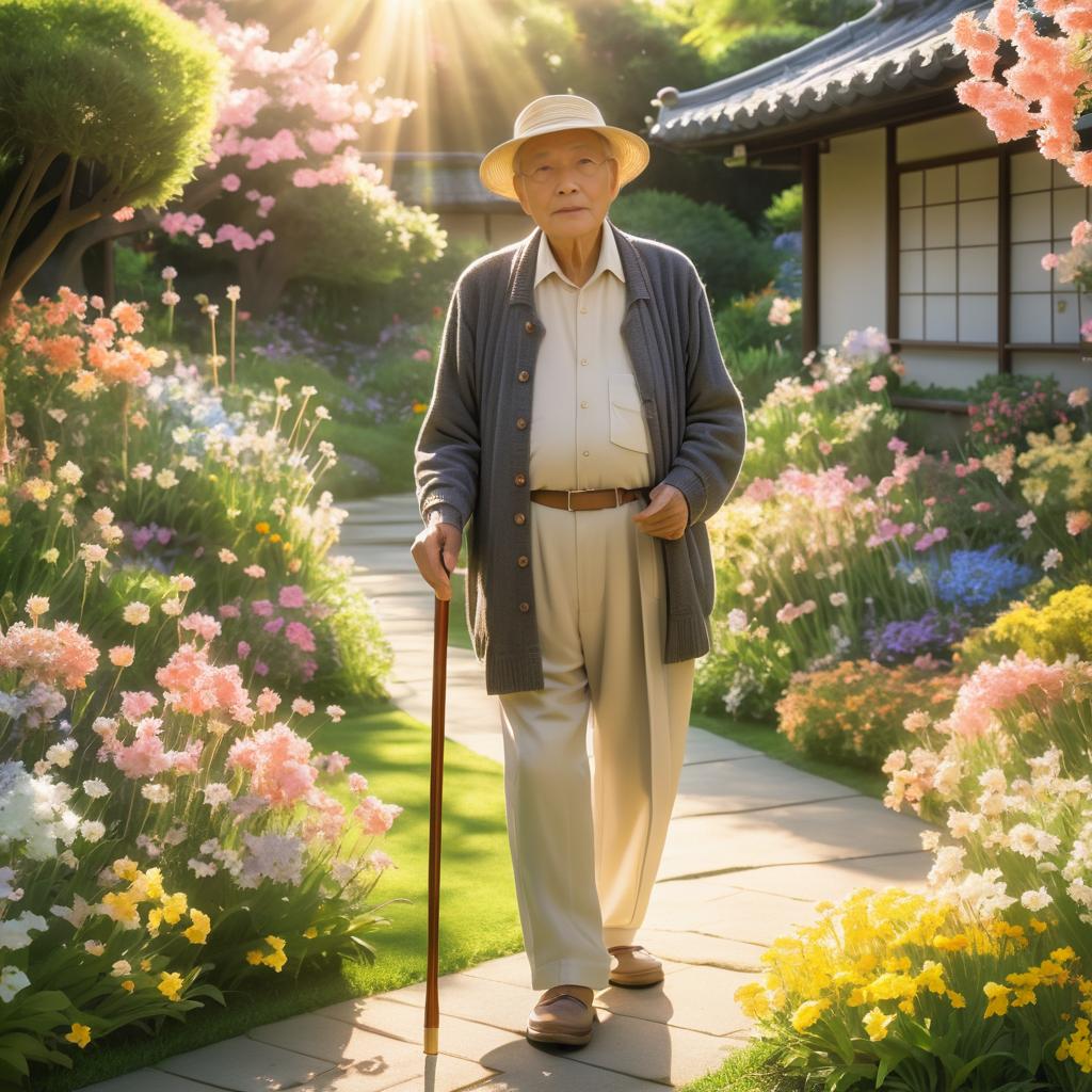 Elderly Man in Serene Flower Garden