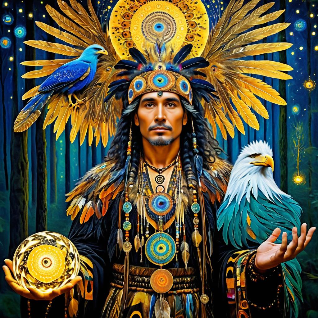 Mystical Shaman with Eagle in Klimt Style